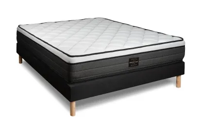 Pack lit complet 160x200 cm - Matelas + Sommier Noir (en kit) + 2 oreillers + Couette - Suite