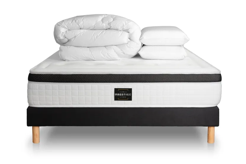 Pack lit complet 140x190 cm - Matelas + Sommier Noir + 2 oreillers + Couette - Privilège