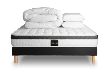 Pack lit complet 160x200 cm - Matelas + Sommier Noir (en kit) + 2 oreillers + Couette - Supérieur