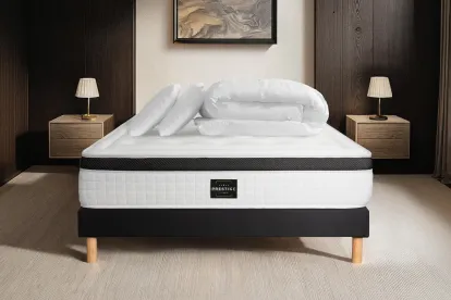 Pack lit complet 160x200 cm - Matelas + Sommier Noir (en kit) + 2 oreillers + Couette - Privilège