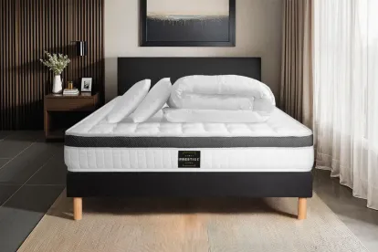 Pack lit complet 160x200 cm - Matelas + Sommier Noir + 2 oreillers + Couette - Supérieur