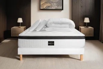 Pack lit complet 160x200 cm - Matelas + Sommier Blanc (en kit) + 2 oreillers + Couette - Privilège