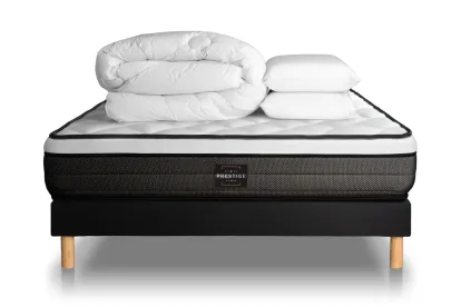 Pack lit complet 140x190 cm - Matelas + Sommier Noir + 2 oreillers + Couette - Suite