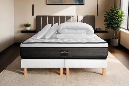 Pack lit complet 180x200 cm - Matelas + 2 Sommiers Blancs + 2 oreillers + Couette - Suite