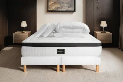 Pack lit complet 160x200 cm - Matelas + 2 Sommiers Blancs + 2 oreillers + Couette - Privilège