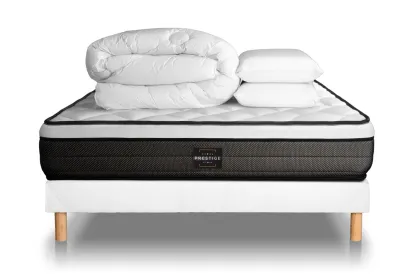 Pack lit complet 160x200 cm - Matelas + Sommier Blanc + 2 oreillers + Couette - Suite