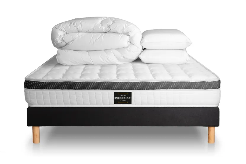 Pack lit complet 200x200 cm - Matelas + Sommier Noir (en kit) + 2 oreillers + Couette - Supérieur