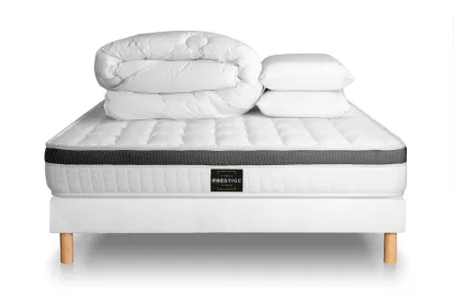 Pack lit complet 140x200 cm - Matelas + Sommier Blanc + 2 oreillers + Couette - Supérieur