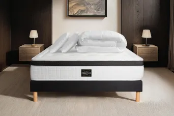 Pack lit complet 160x200 cm - Matelas + Sommier Noir + 2 oreillers + Couette - Privilège