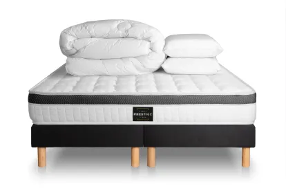 Pack lit complet 160x200 cm - Matelas + 2 Sommiers noirs + 2 oreillers + Couette - Supérieur