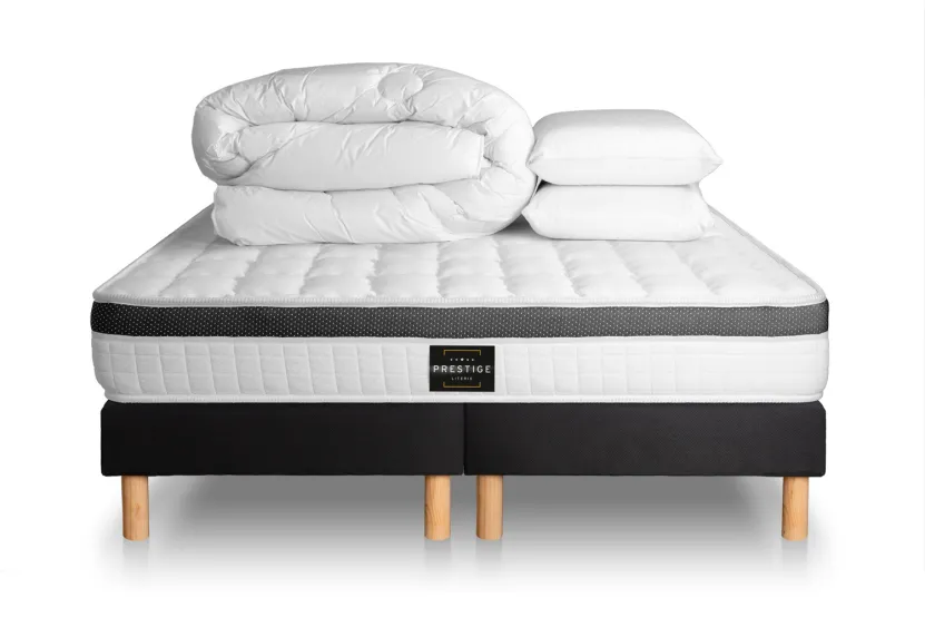 Pack lit complet 160x200 cm - Matelas + 2 Sommiers noirs + 2 oreillers + Couette - Supérieur