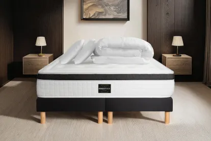 Pack lit complet 180x200 cm - Matelas + 2 Sommiers Noirs + 2 oreillers + Couette - Privilège
