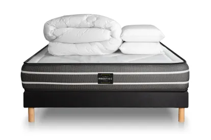 Pack lit complet 140x200 cm - Matelas + Sommier Noir (en kit) + 2 oreillers + Couette - Exclusive