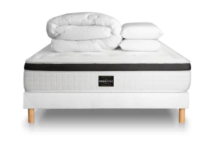 Pack lit complet 160x200 cm - Matelas + Sommier Blanc (en kit) + 2 oreillers + Couette - Privilège