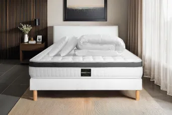 Pack lit complet 140x190 cm - Matelas + Sommier Blanc (en kit) + 2 oreillers + Couette - Supérieur