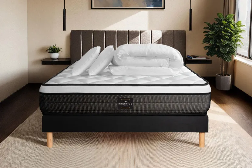Pack lit complet 200x200 cm - Matelas + Sommier Noir (en kit) + 2 oreillers + Couette - Suite