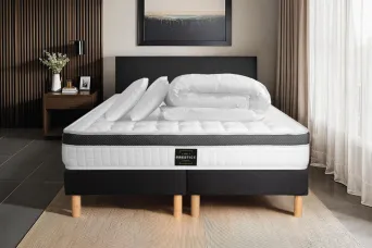 Pack lit complet 160x200 cm - Matelas + 2 Sommiers noirs + 2 oreillers + Couette - Supérieur