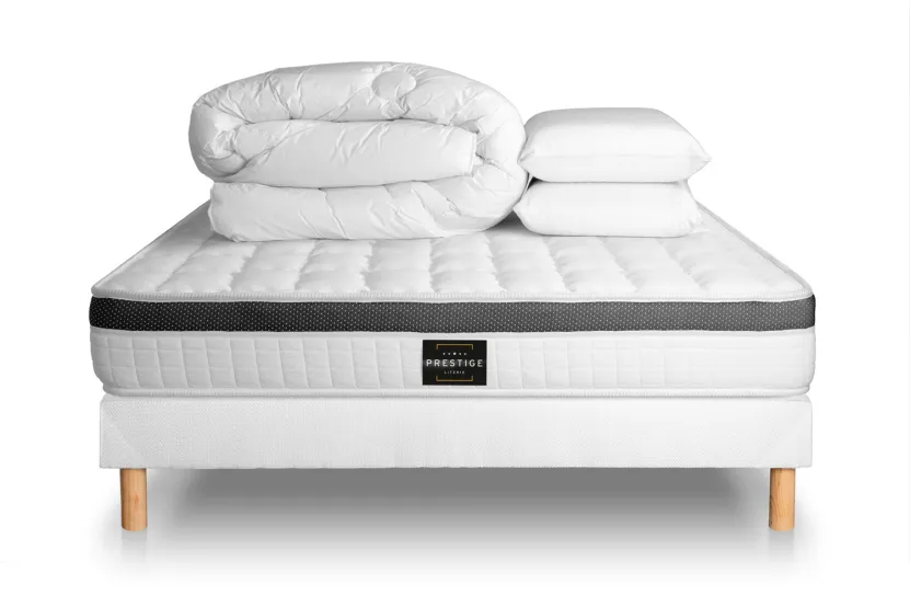 Pack lit complet 140x190 cm - Matelas + Sommier Blanc (en kit) + 2 oreillers + Couette - Supérieur