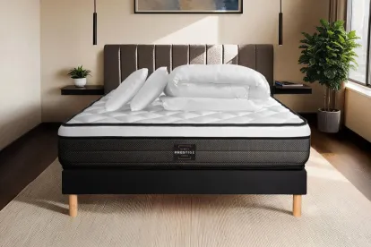 Pack lit complet 160x200 cm - Matelas + Sommier Noir (en kit) + 2 oreillers + Couette - Suite