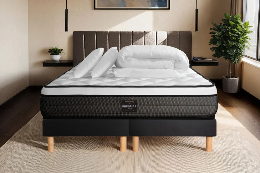 Pack lit complet 160x200 cm - Matelas + 2 Sommiers noirs + 2 oreillers + Couette - Suite