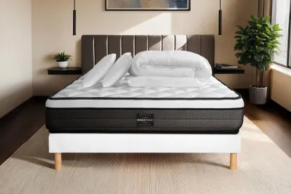 Pack lit complet 160x200 cm - Matelas + Sommier Blanc + 2 oreillers + Couette - Suite
