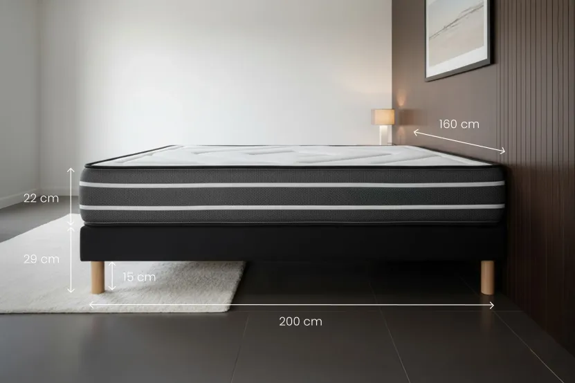 Ensemble Matelas Sommier 160x200 cm - Sommier Noir (déjà monté) - Exclusive