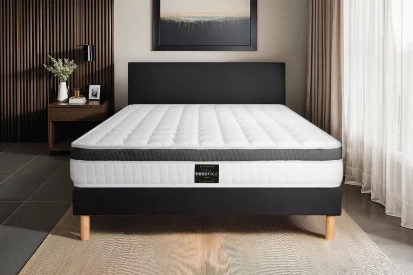 Ensemble Matelas Sommier 120x190 cm - Sommier Noir (déjà monté) - Supérieur