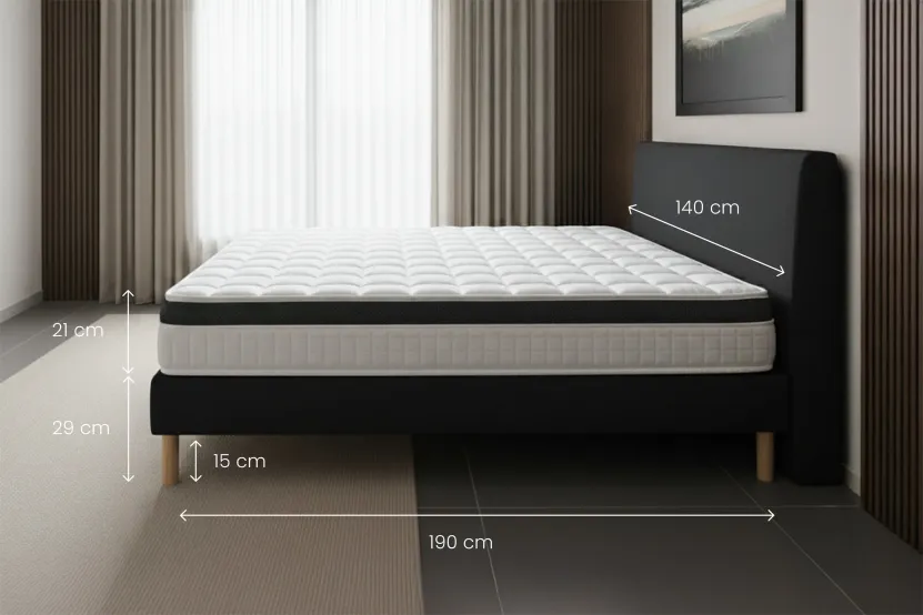 Ensemble Matelas Sommier 140x190 cm - Sommier Noir (déjà monté) - Supérieur